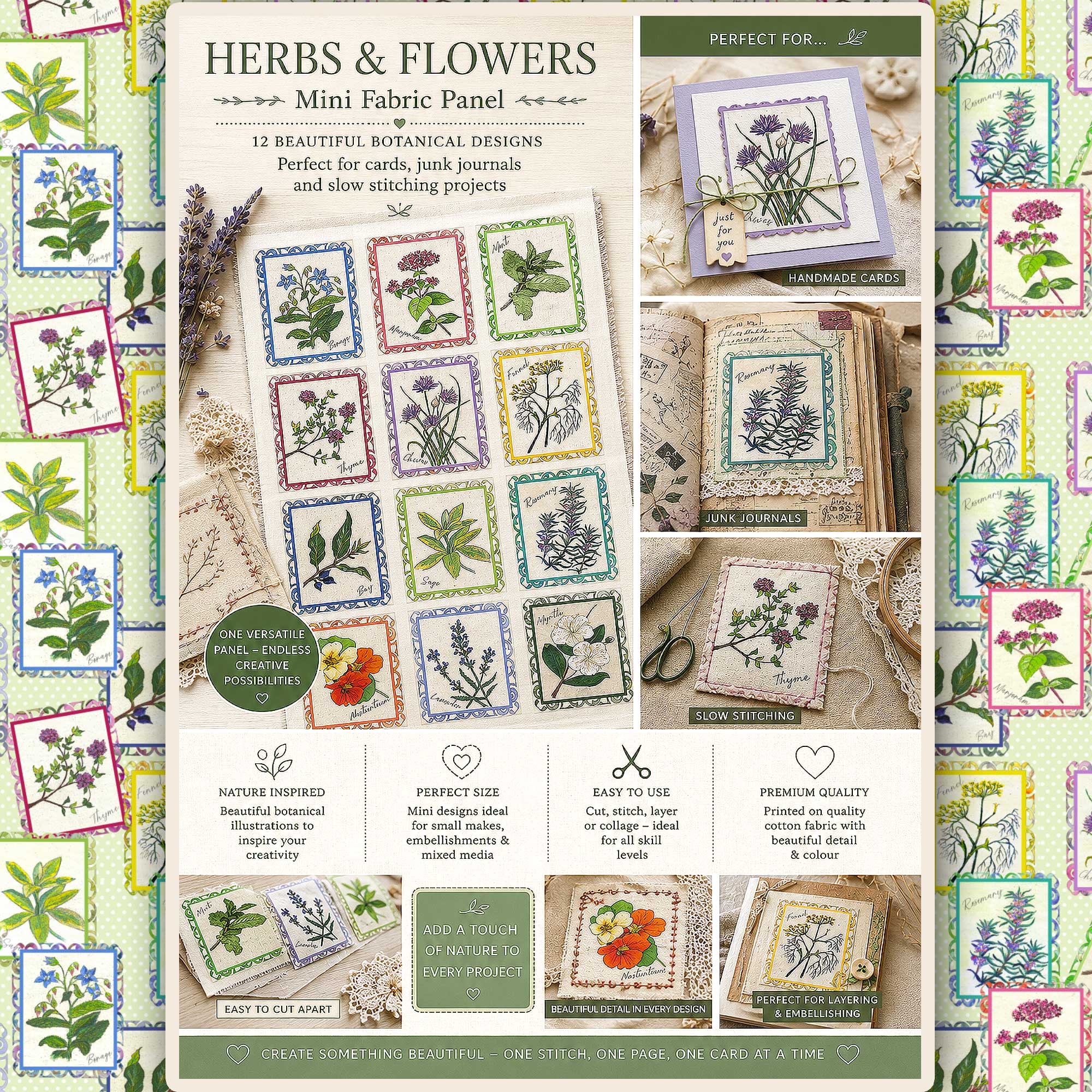 Mini Fabric Panel herbs, slow stitching