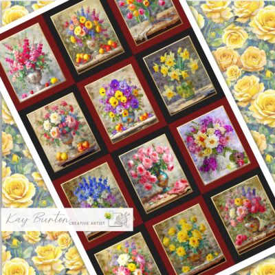 Victorian Flowers Fabric Panel 12 Mini Prints Set : Vintage Flower Still Lifes