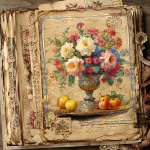 Victorian Flowers Fabric Panel 12 Mini Prints Set : Vintage Flower Still Lifes