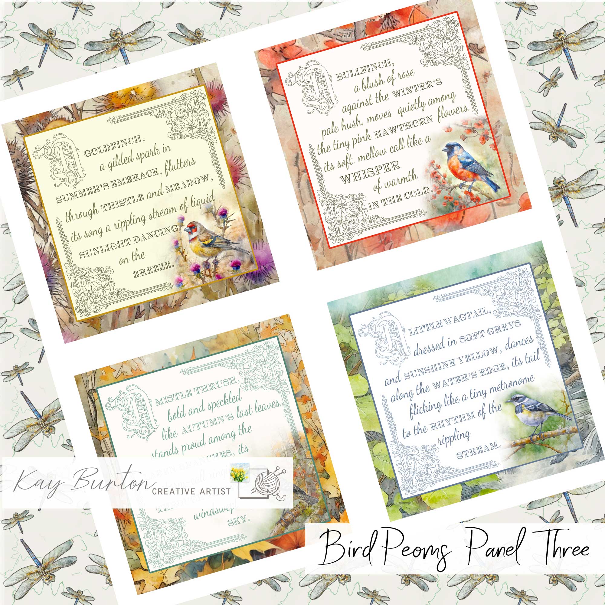 Bird Poems Fabric Prints : Set Three : Textile Art