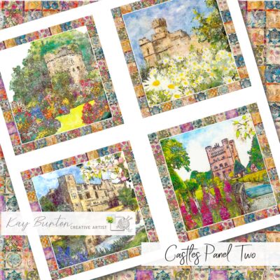 Historical Castles Fabric Prints : Set Two : Slow Stitching Featuring castles from a time gone by. Castles include Lincoln, Usk, Tattershall and Newark
