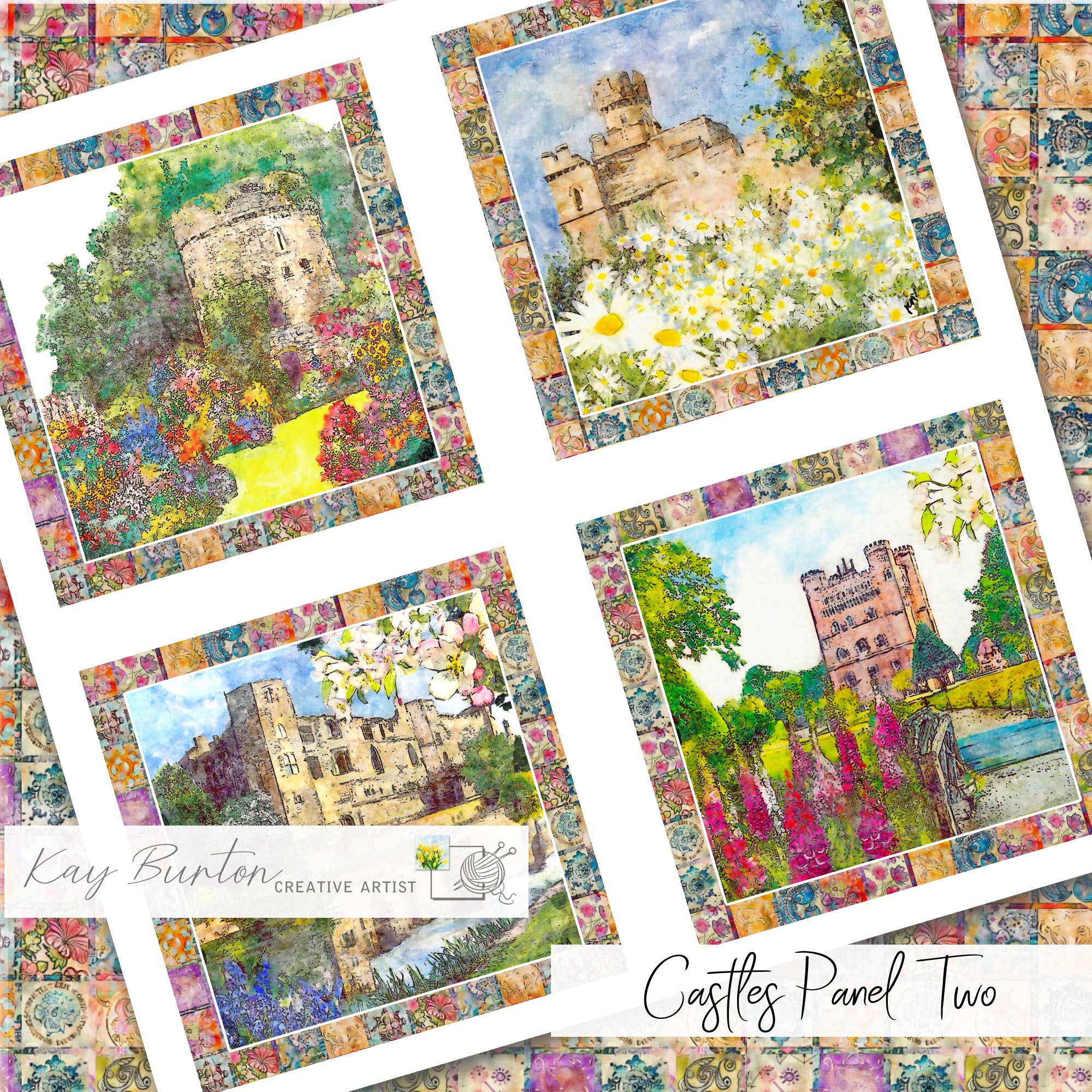 Historical Castles Fabric Prints : Set Two : Slow Stitching Featuring castles from a time gone by. Castles include Lincoln, Usk, Tattershall and Newark