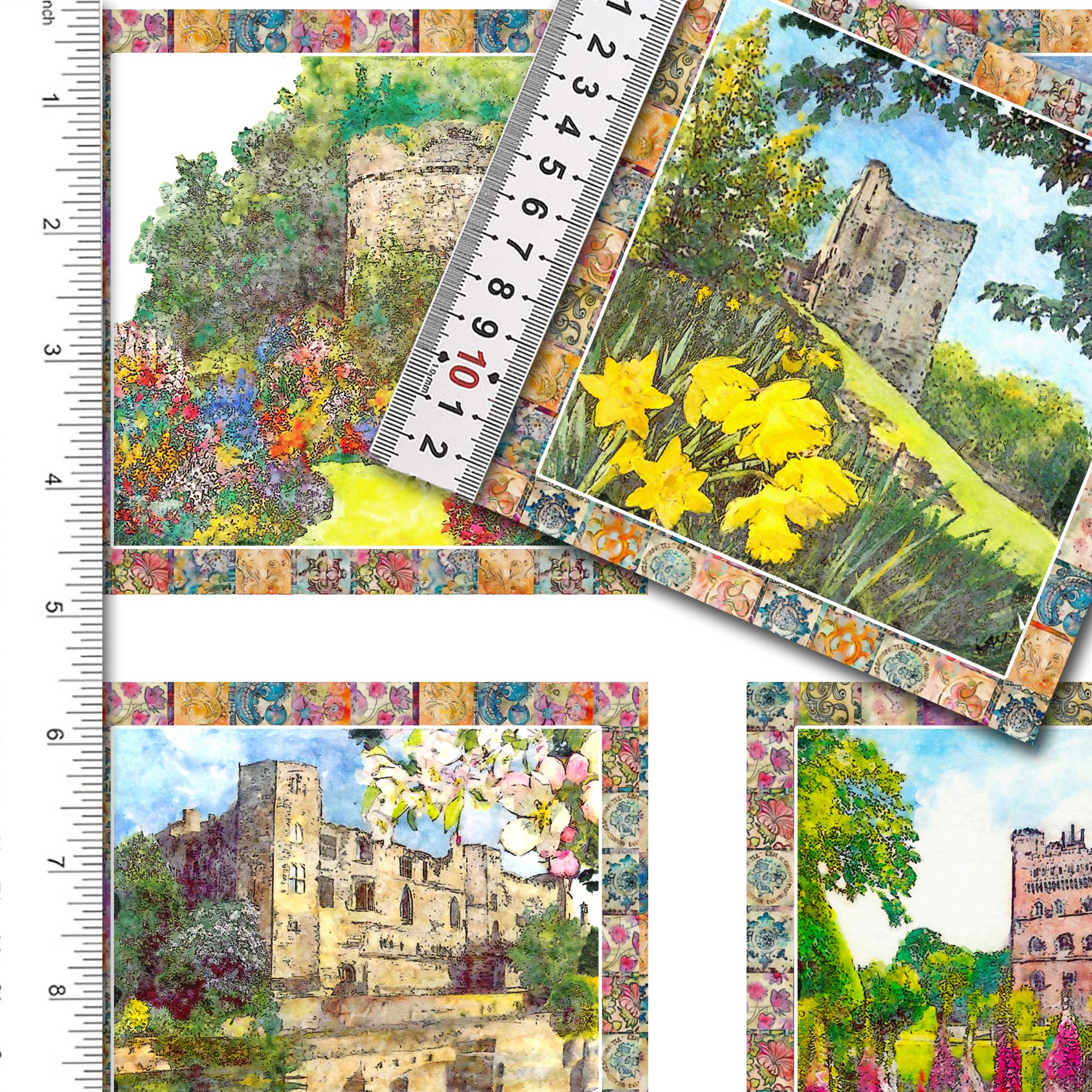 Historical Castles Fabric Prints : Set Two : Slow Stitching Featuring castles from a time gone by. Castles include Lincoln, Usk, Tattershall and Newark