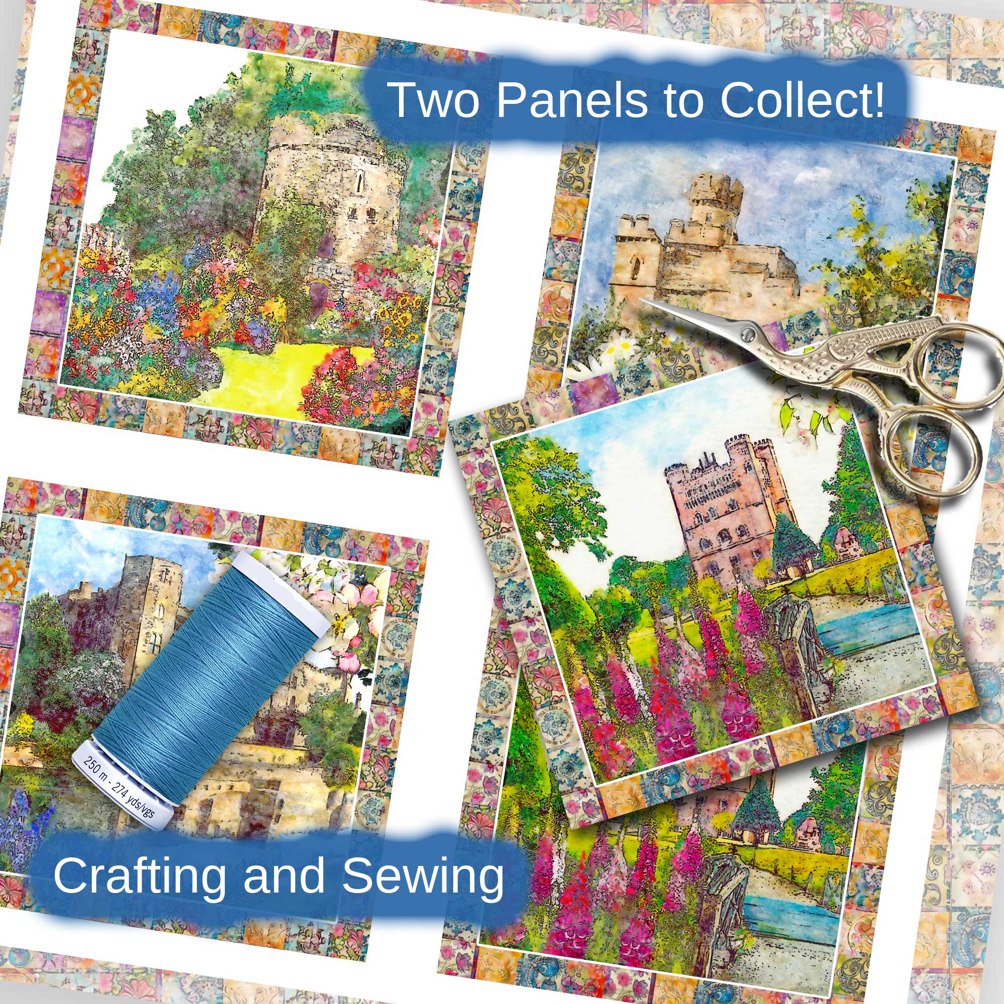 Historical Castles Fabric Prints : Set Two : Slow Stitching Featuring castles from a time gone by. Castles include Lincoln, Usk, Tattershall and Newark