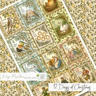 Twelve Days of Christmas Fabric Panel 12 Mini Prints Set Traditional Christmas