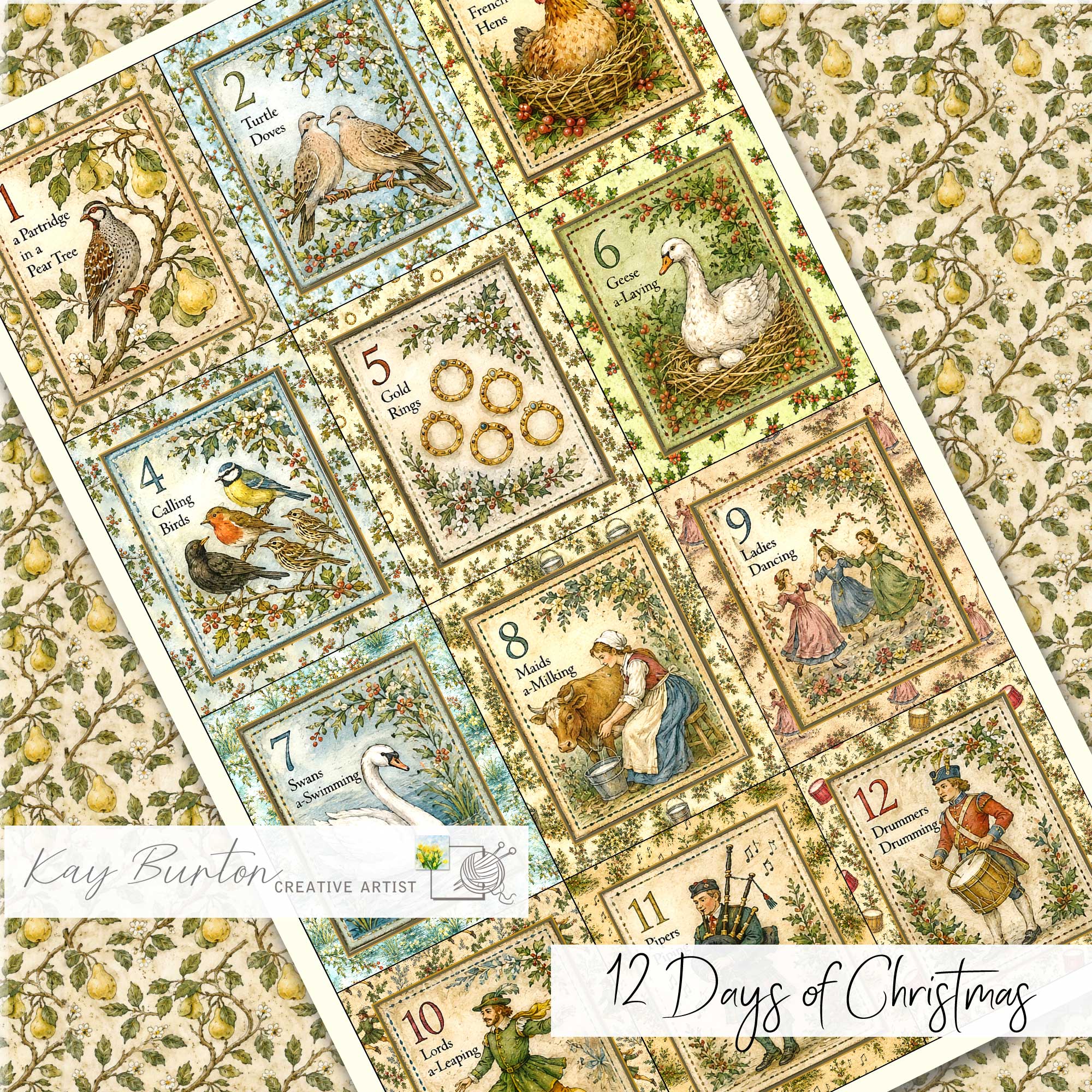Twelve Days of Christmas Fabric Panel 12 Mini Prints Set Traditional Christmas