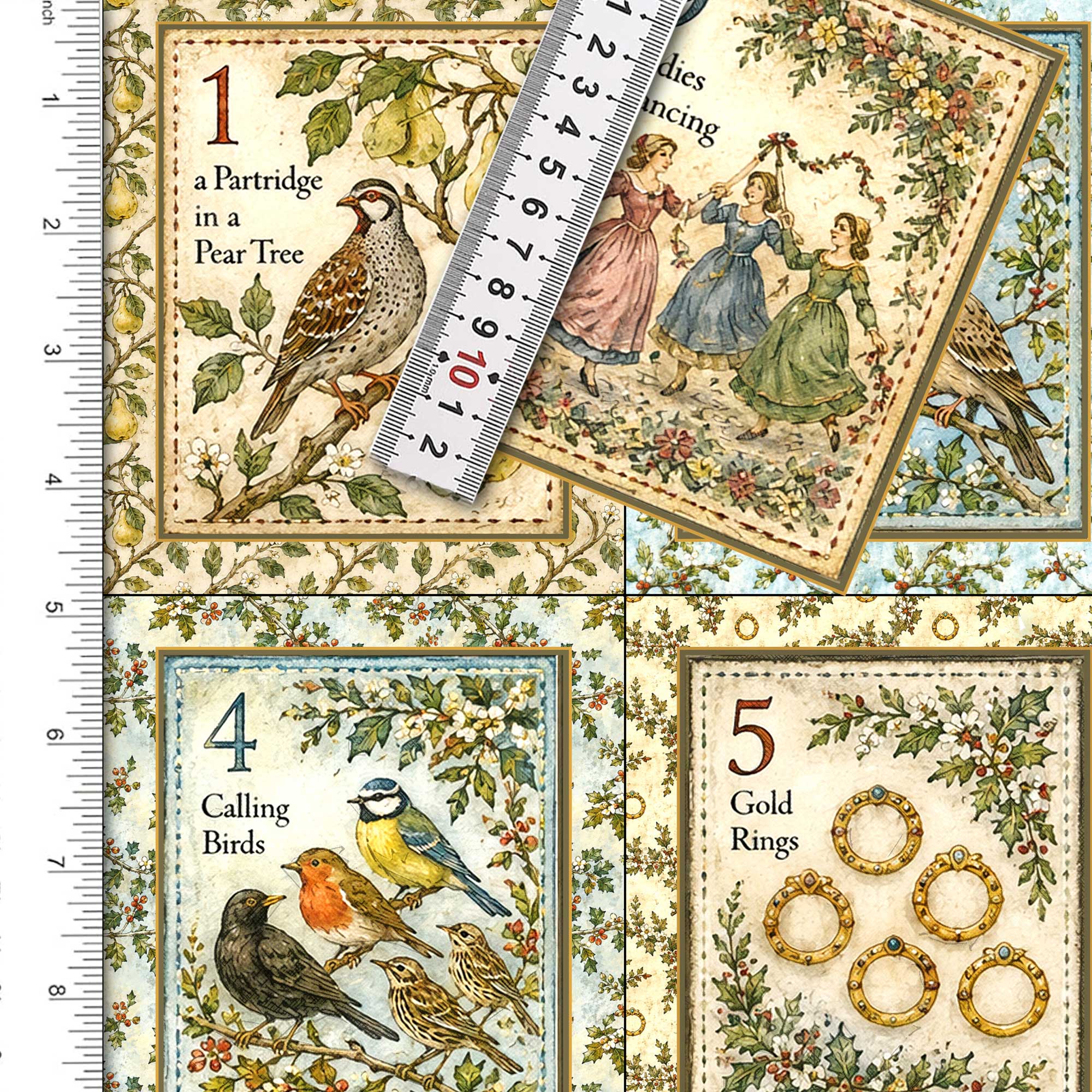 Twelve Days of Christmas Fabric Panel 12 Mini Prints Set Traditional Christmas