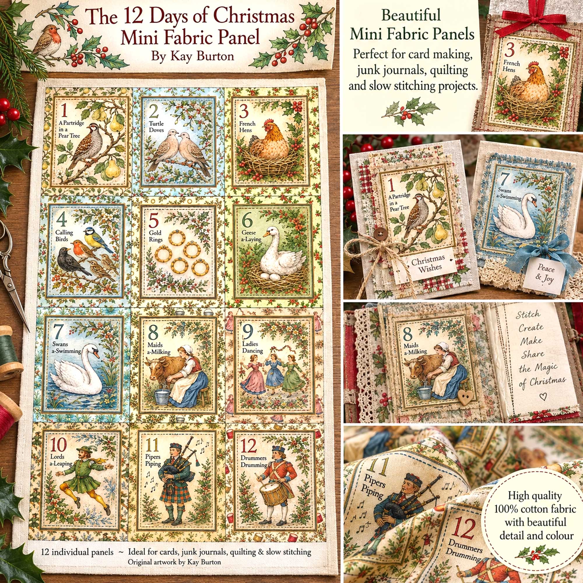 Twelve Days of Christmas Fabric Panel 12 Mini Prints Set Traditional Christmas
