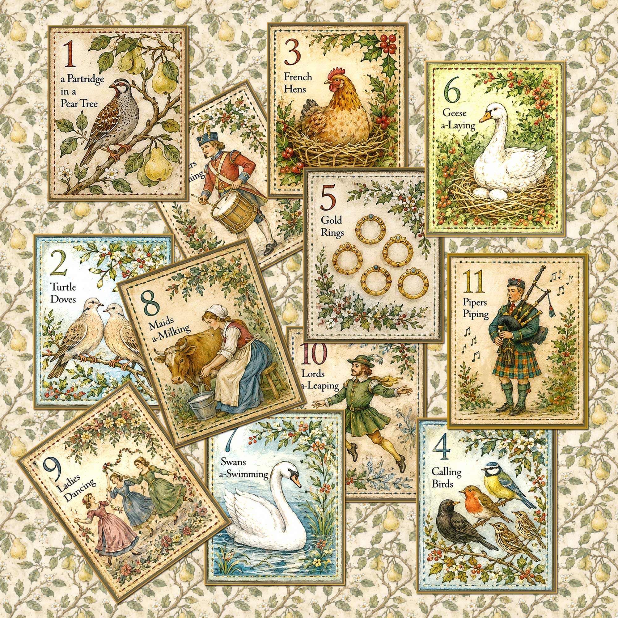 Twelve Days of Christmas Fabric Panel 12 Mini Prints Set Traditional Christmas