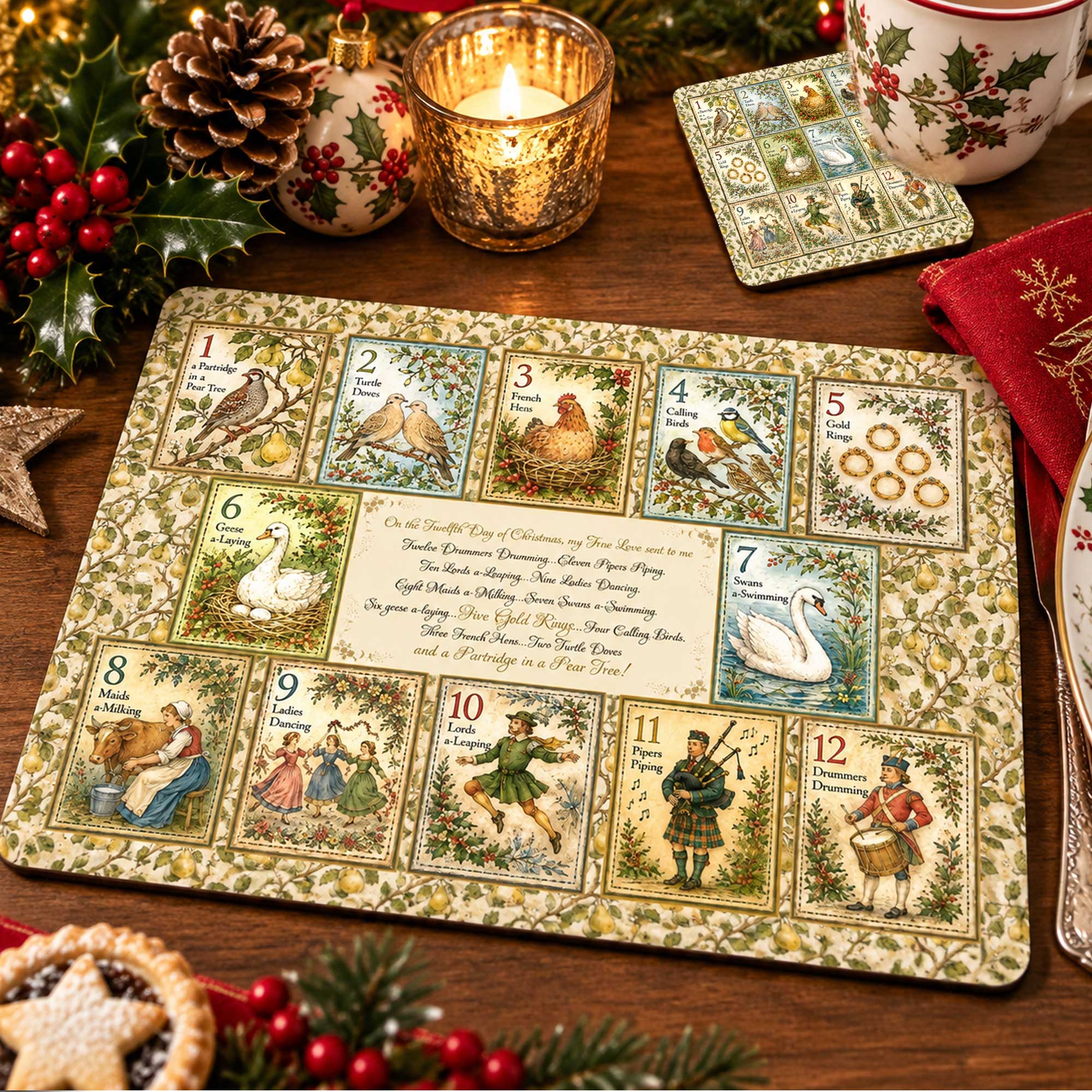 Twelve Days of Christmas Tableware Coasters and Matching Placemats