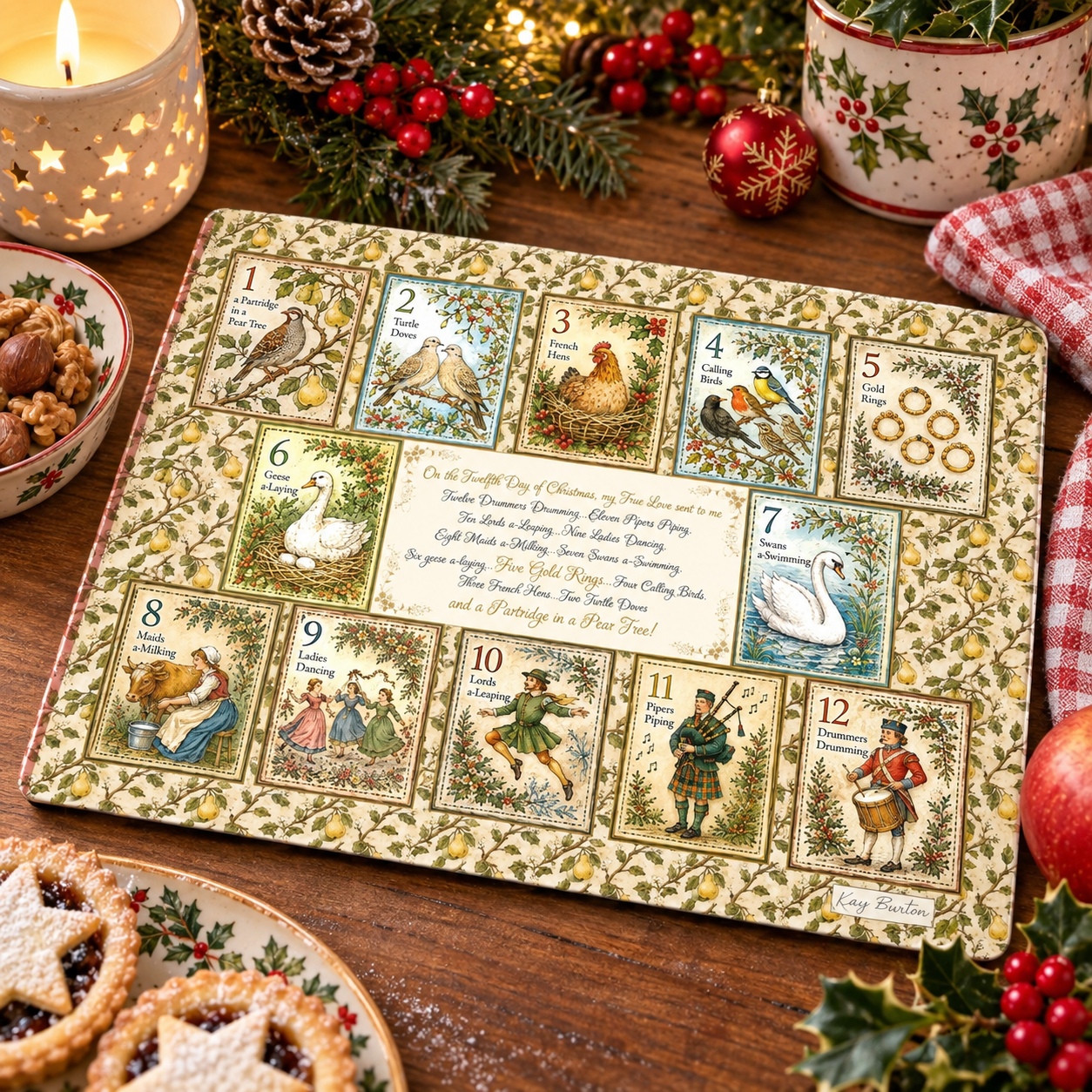 Twelve Days of Christmas Cutting Board or Worktop Saver