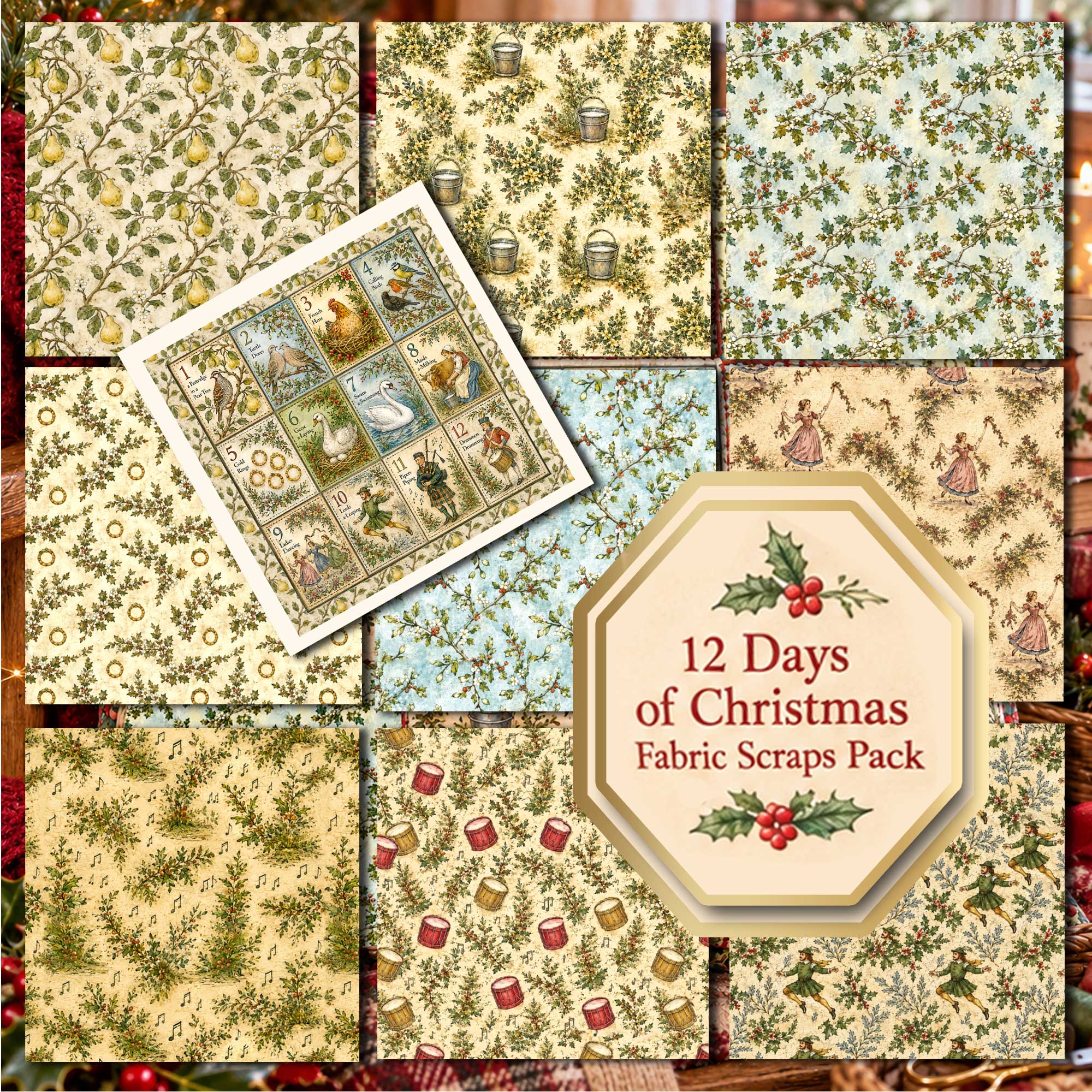 Twelve Days of Christmas Fabric Scraps Pack : 10 Mini Fabric Squares