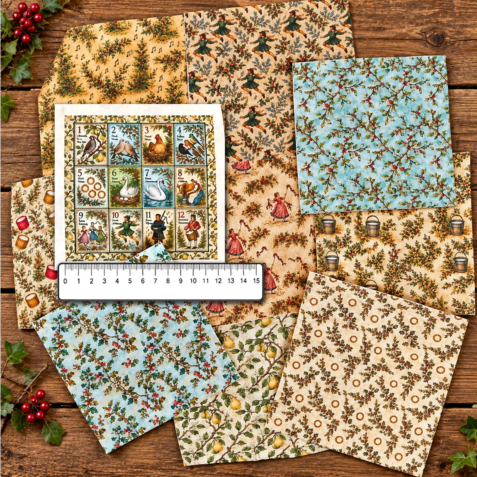 Twelve Days of Christmas Fabric Scraps Pack : 10 Mini Fabric Squares