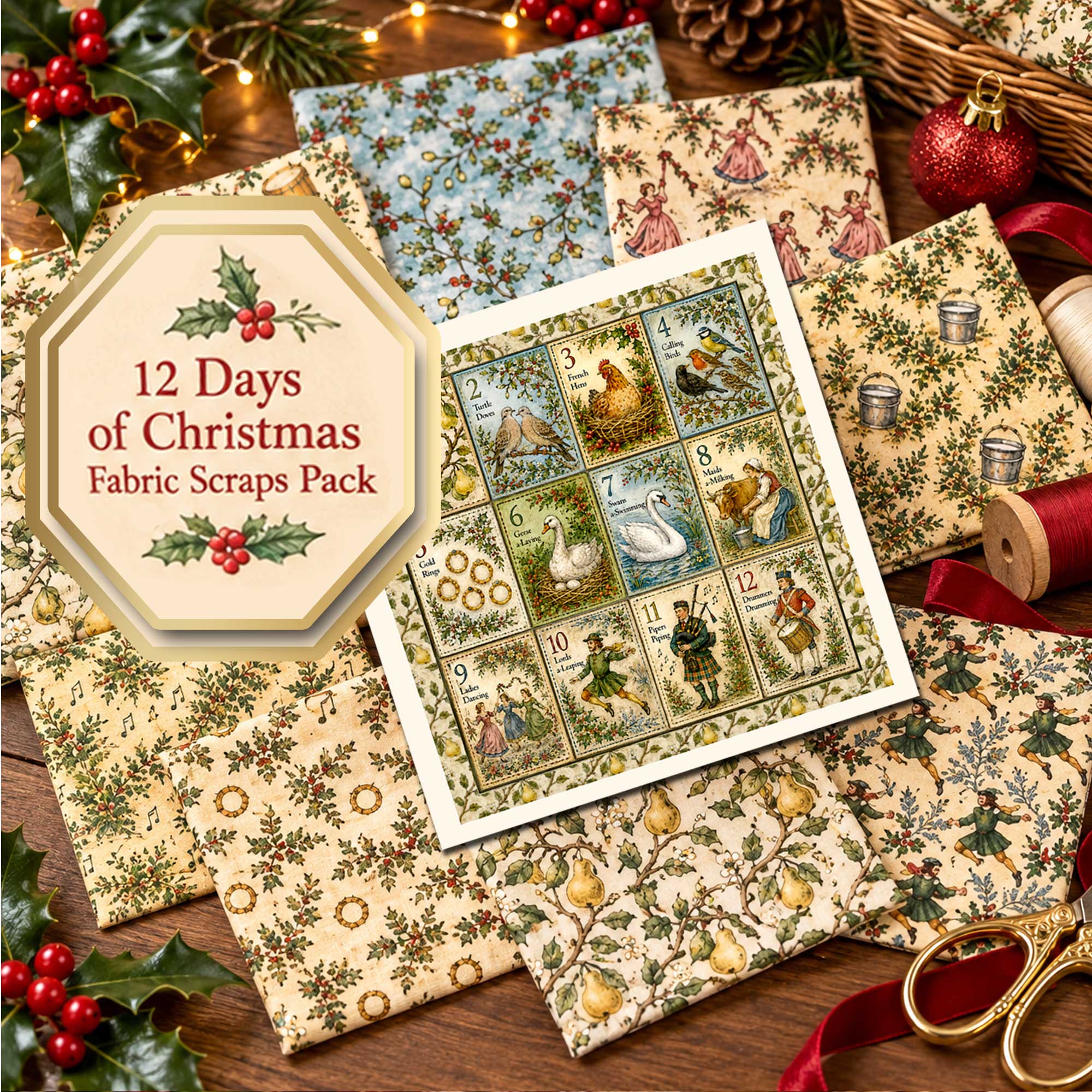 Twelve Days of Christmas Fabric Scraps Pack : 10 Mini Fabric Squares
