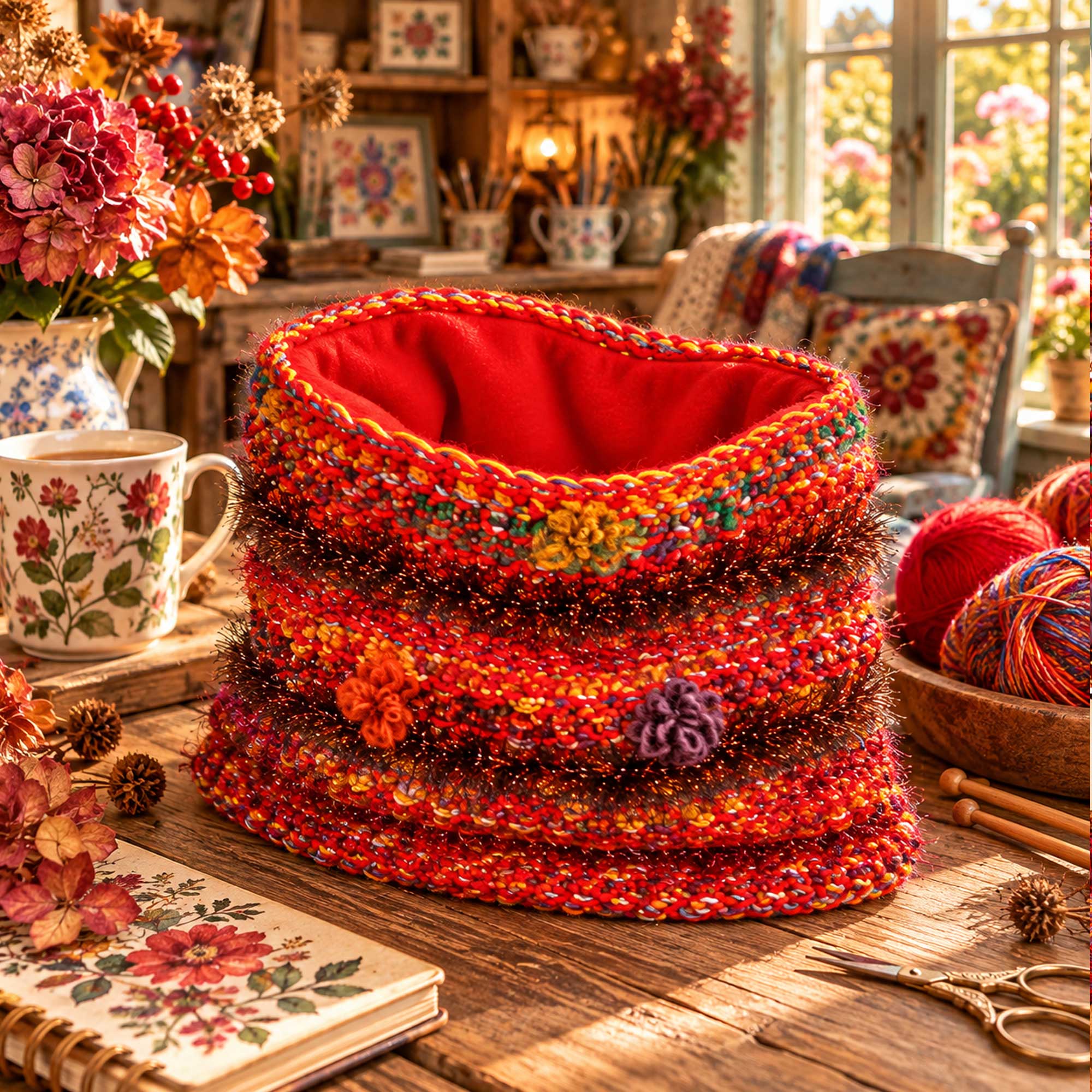 Autumn-Harvest-Snood-SNO004-06 Autumn Harvest Snood/Neck Warmer : Rich reds, oranges, golds and playful textured yarns.