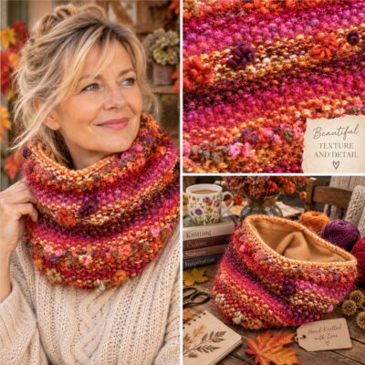 Fireworks Chunky Snood/Neck warmer : Rich reds, oranges, golds and sparkly textured yarns.