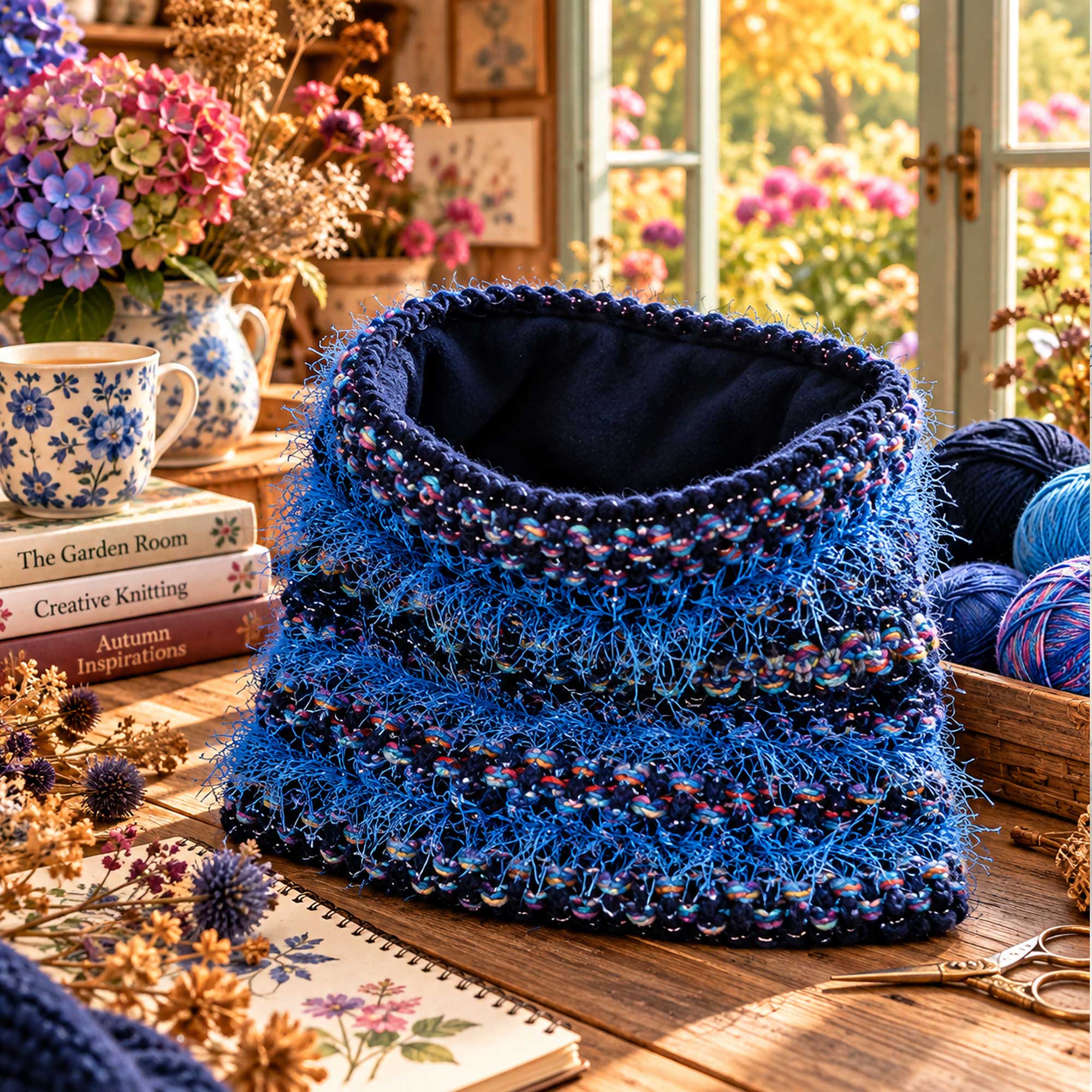 Midnight Blue Snood Chunky Neck Warmer : Deep navy, vibrant blues and colourful shimmering accents.