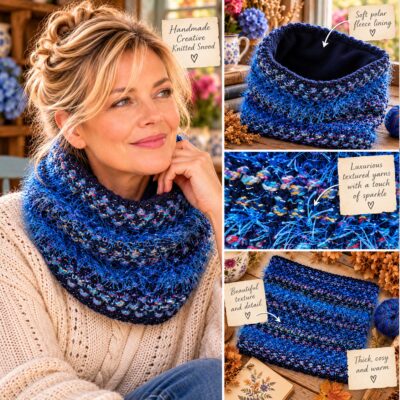 Midnight Blue Snood Chunky Neck Warmer : Deep navy, vibrant blues and colourful shimmering accents.
