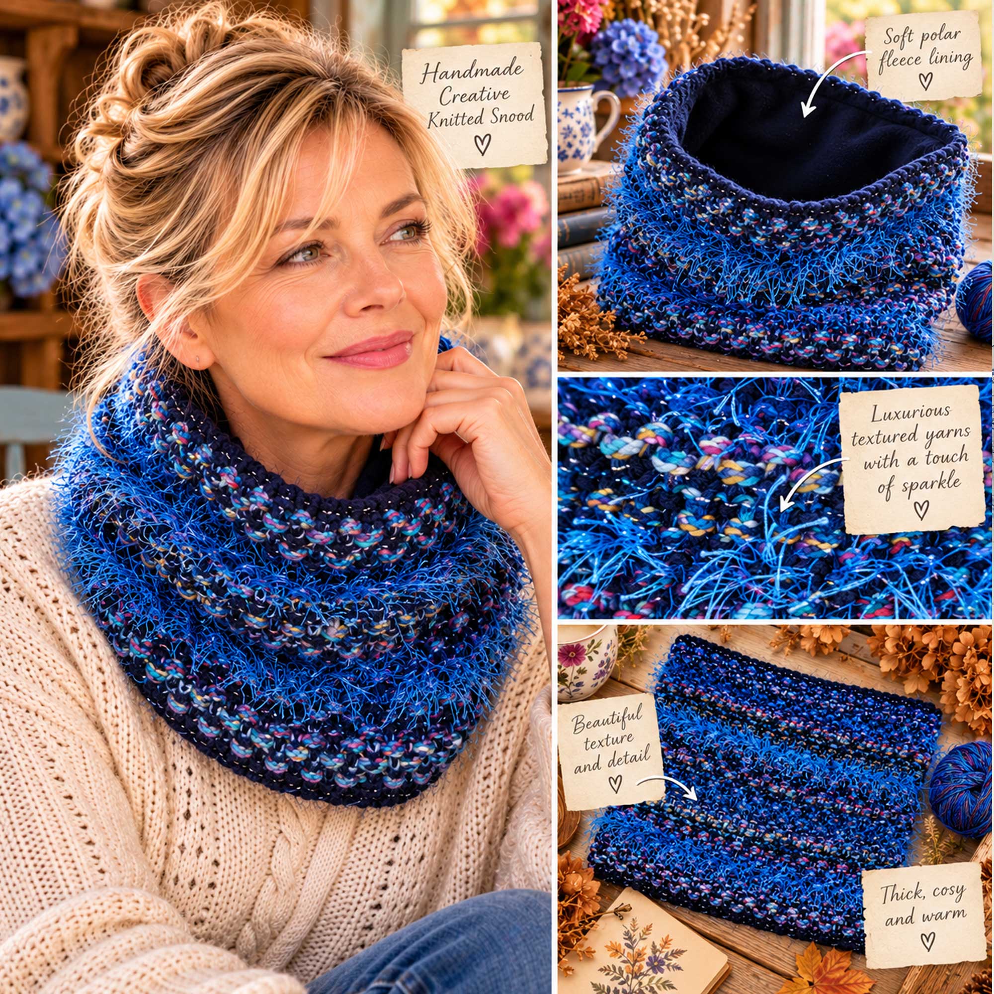 Midnight Blue Snood Chunky Neck Warmer : Deep navy, vibrant blues and colourful shimmering accents.
