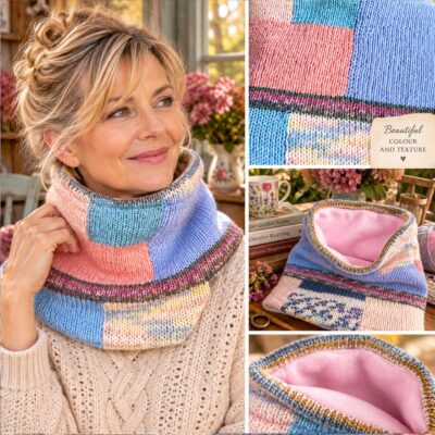 Pretty Pastels - Handmade Knitted Snood with Pink Fleece Lining
